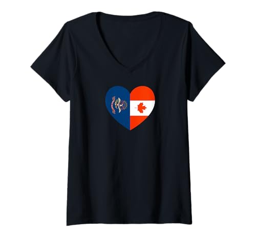 Damen North Dakota and Canada Flags: Heart Shaped Unity T-Shirt mit V-Ausschnitt von Canada Love Pride Merch