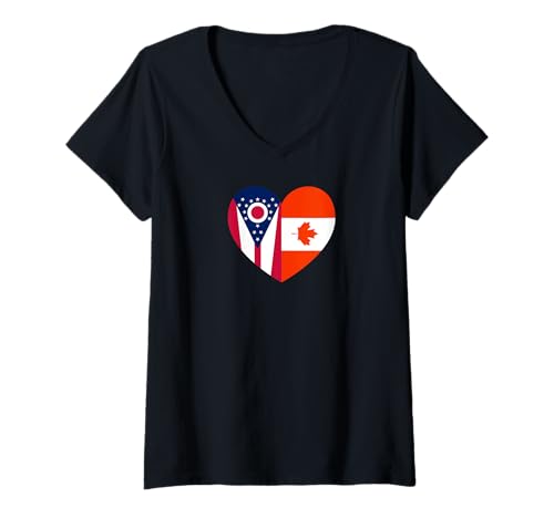 Damen Ohio and Canada Flags: Heart Shaped Unity T-Shirt mit V-Ausschnitt Damen Ohio and Canada Flags: Heart Shaped Unity T-Shirt mit V-Ausschnitt von Canada Love Pride Merch