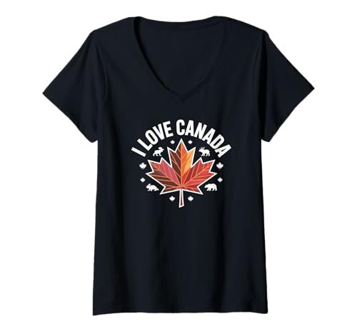 Damen Ich Liebe Kanada, Ahornblatt-Tiermotiv T-Shirt mit V-Ausschnitt Damen Ich Liebe Kanada, Ahornblatt-Tiermotiv T-Shirt mit V-Ausschnitt von Canada Maple Leaf Wildlife Enthusiast