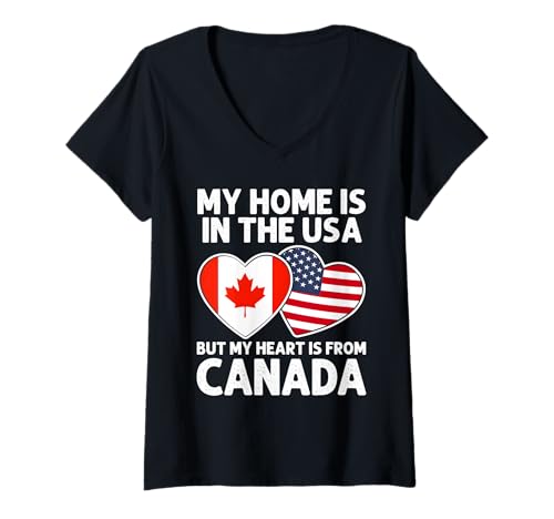 Damen My Home USA My Heart Kanada Canadian American Pride Flagge T-Shirt mit V-Ausschnitt Damen My Home USA My Heart Kanada Canadian American Pride Flagge T-Shirt mit V-Ausschnitt von Canada Pride Flag Apparel