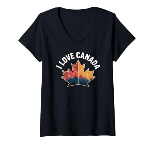 Damen I Love Kanada Ahornblatt-Landschaft T-Shirt mit V-Ausschnitt Damen I Love Kanada Ahornblatt-Landschaft T-Shirt mit V-Ausschnitt von Canada Pride Maple Leaf Mountains