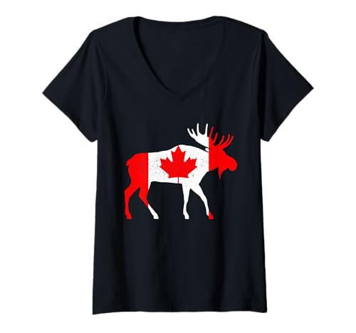Damen Kanadische Flagge Stolze Kanadische Elche T-Shirt mit V-Ausschnitt Damen Kanadische Flagge Stolze Kanadische Elche T-Shirt mit V-Ausschnitt von Canada Proud Apparel Co.