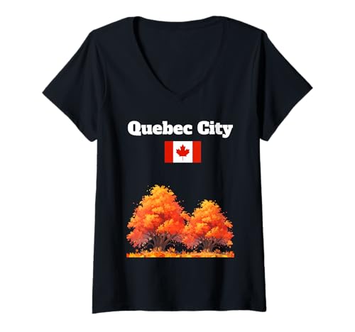 Damen Quebec City Souvenir Herbst Blätter Herbst Laub Kanada Flagge T-Shirt mit V-Ausschnitt von Canada autumn and fall leaves enthusiast apparel