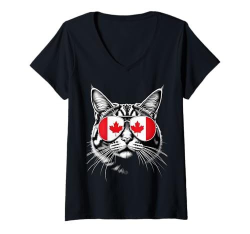 Damen Sonnenbrille mit Kanada-Flagge, Katzengesicht, kanadische Flagge T-Shirt mit V-Ausschnitt von Canadian Flag Designs