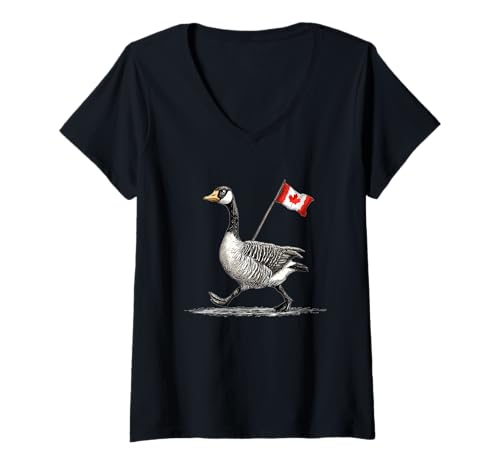 Damen Happy Goose Kostüm mit Kanada Flagge T-Shirt mit V-Ausschnitt Damen Happy Goose Kostüm mit Kanada Flagge T-Shirt mit V-Ausschnitt von Canadian Goose Outfit