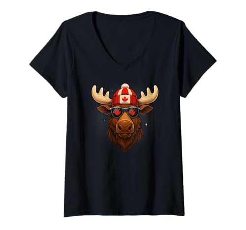Damen Canada Day Canadian Flag Maple Leaf Moose Sunglasses T-Shirt mit V-Ausschnitt Damen Canada Day Canadian Flag Maple Leaf Moose Sunglasses T-Shirt mit V-Ausschnitt von Canadian Maple Leaf Funny Halloween Tees