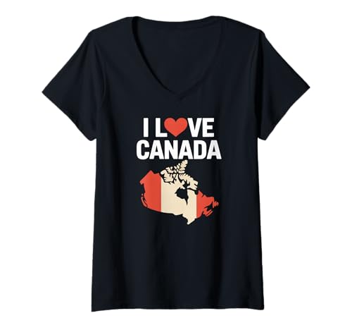 Damen I Love Kanada Karte Blatt Herz Design T-Shirt mit V-Ausschnitt Damen I Love Kanada Karte Blatt Herz Design T-Shirt mit V-Ausschnitt von Canadian Maple Leaf Pride Celebration