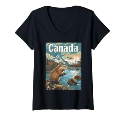 Damen Kanada Wildnis Biber Landschaft T-Shirt mit V-Ausschnitt von Canadian Nature Wilderness Scenic Beauty