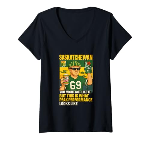 Damen Saskatchewan Peak Performance Lustige Prärie T-Shirt mit V-Ausschnitt von Canadian Prairie Football Beer Watermelon Co.