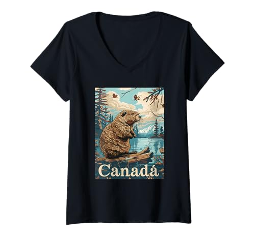Damen Kanada, Beaver Lake, malerische Naturkunst T-Shirt mit V-Ausschnitt Damen Kanada, Beaver Lake, malerische Naturkunst T-Shirt mit V-Ausschnitt von Canadian Wilderness Landscapes Nature Scenes