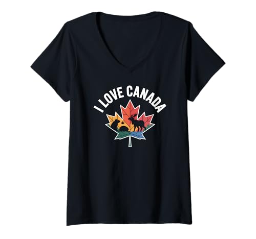 Damen I Love Canada Maple Leaf Elch Design T-Shirt mit V-Ausschnitt Damen I Love Canada Maple Leaf Elch Design T-Shirt mit V-Ausschnitt von Canadian Wildlife Maple Leaf Pride