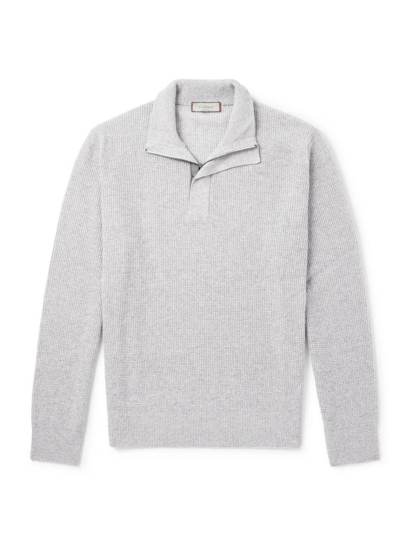 Canali - Slim-Fit Suede-Trimmed Ribbed Wool and Cashmere-Blend Half-Zip Sweater - Men - Gray - IT 50 von Canali