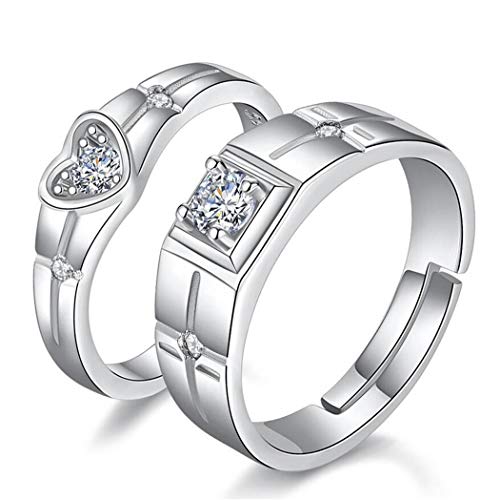 1 Paar Damen Herren Partnerschaftsringe Verlobungsringe 925er Sterling Silber Einfache Herz Zirkonia Glitter Memoir-Ringe Hochzeit Mode Band ring Öffnen Trauringe Hypoallergen Verstellbar von Canarea