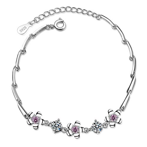 1 Pcs Damen Mädchen Armband Silber 925 Glitzer Zirkonia Blumen Pink Mode Charm-Armreif Einfache Süss Armschmuck Armbänder für Freundin Frauen,Einstellbar-Hypoallergen von Canarea