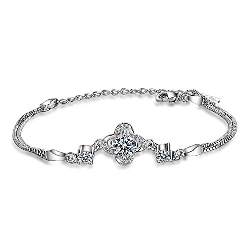 1 Pcs Elegante Armband Damen 925 Silber Stern Schmuck Schoene Charm- Armreif für Damen Glücklich Symbol BLumen Glitzer Zirkonia Armschmuck (17+5 cm) Einstellbar von Canarea