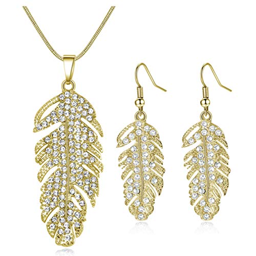 Canarea Blätter Schmuckset Silber 925 Damen Kette und Ohrringe Set mit Zirkonia Stein Feder Schmuck set Für Fraun & Mädchen (Gold) von Canarea