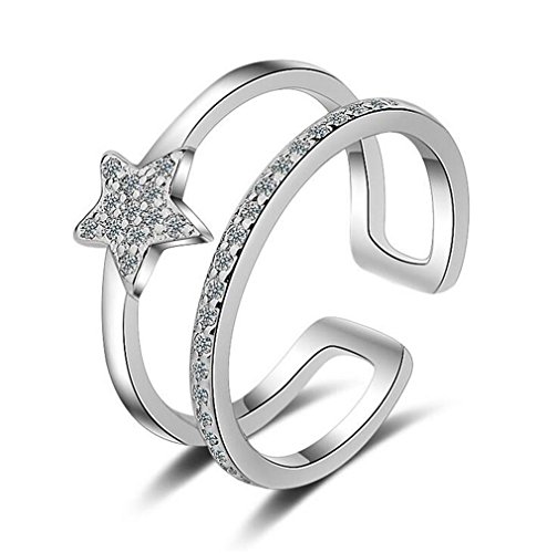 Canarea Damen Frauen Ringe Silber 925 Sterling Öffnungsring mit Zirkonia Sterne Persönlichkeit Glitzer Partnerringe Freundschaftsringe Stapelringe Verstellbar als Geschenke von Canarea