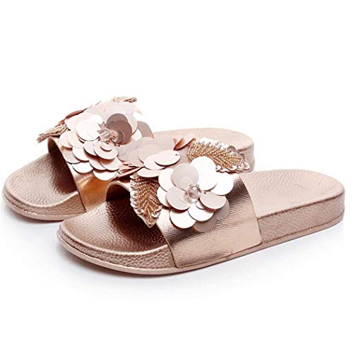 Canarea Damen Hausschuhe Sommer Mode Glitzer Strass Sandalen Frauen Mädchen flip Flops Strand Flach Pailletten Bling rutschfest Bequeme Slipper Casual Badeschuhe Pantoletten (Rosegolden, Numeric_38) von Canarea