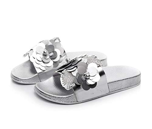 Canarea Damen Hausschuhe Sommer Mode Glitzer Strass Sandalen Frauen Mädchen flip Flops Strand Flach Pailletten Bling rutschfest Bequeme Slipper Casual Badeschuhe Pantoletten (Silber, Numeric_38) von Canarea