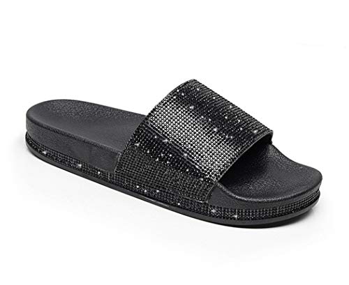 Canarea Damen Hausschuhe Sommer Mode Glitzer Strass Sandalen Frauen Mädchen flip Flops Strand Flach rutschfest Bequeme Slipper Casual Bling Pantoletten Badeschuhe (Schwarz, Numeric_41) von Canarea