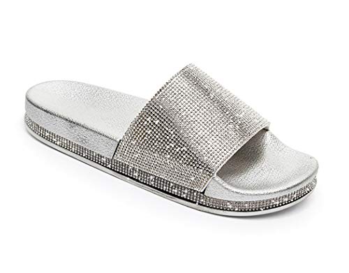 Canarea Damen Hausschuhe Sommer Mode Glitzer Strass Sandalen Frauen Mädchen flip Flops Strand Flach rutschfest Bequeme Slipper Casual Bling Pantoletten Badeschuhe (Silber, Numeric_38) von Canarea