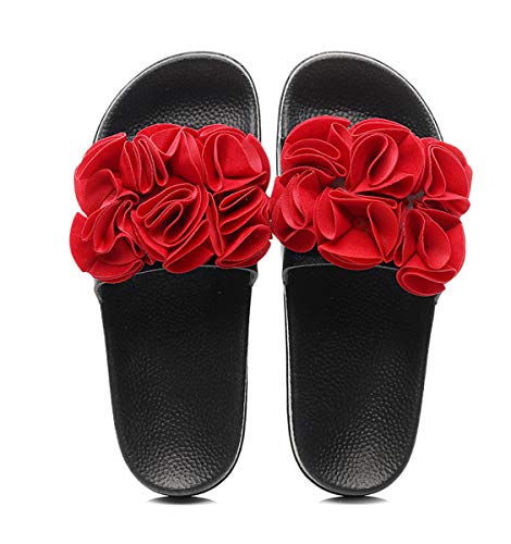 Canarea Damen hausschuhe Sommer Mode Handarbeit Blumen Sandalen Badeschuhe Frauen Mädchen flip Flops Strand Flach Rutschfest Bequeme Slipper Casual Pantoletten (Rot, numeric_39) von Canarea