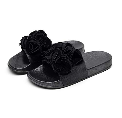 Canarea Damen Hausschuhe Sommer Mode Handarbeit Blumen Sandalen Badeschuhe Frauen Mädchen flip Flops Strand Flach rutschfest Bequeme Slipper Casual Pantoletten (Schwarz, Numeric_36) von Canarea