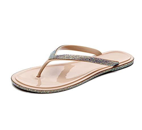 Canarea Damen Hausschuhe Sommer Mode Strass Glitzer Sandalen Badeschuhe Frauen Mädchen flip Flops Strand Flach rutschfest Bequeme Slipper Casual Pantoletten (Beige, Numeric_37) von Canarea