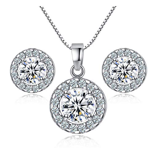 Canarea Damen Kreis Schmuckset Ohrringe halskette Silber 925 Zirkonia Glitzer Idea Schmuck set,Mode Kette Ohrstecker Schmucksets für Frauen Mädchen,Hypoallergen,Bling Hochzeit Schmuckset von Canarea