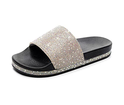 Canarea Damen Mädchen Hausschuhe Pantoletten Sommer Mode Glitzer Strass Sandalen Frauen flip Flops Strand Flach Rutschfest Bequeme Casual Bling Badeschuhe Slipper (Schwarz-1, numeric_37) von Canarea