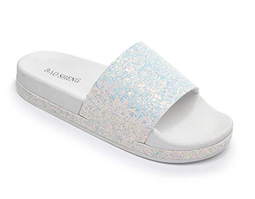 Canarea Damen Mädchen Hausschuhe Sommer Mode Glitzer Sandalen Frauen flip Flops Strand Flach rutschfest Bequeme Slipper Casual Pantoletten Strand Schuhe Indoor/Outdoor (Weiß, Numeric_40) von Canarea