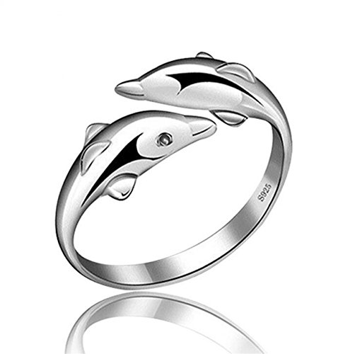 Canarea Damen Ringe 925er Sterling Silber Doppel Delphin Partnerschaftsringe Schwanzring Verstellbar Hypoallergen von Canarea