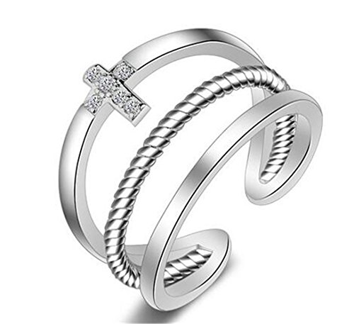 Canarea Damen Ringe 925er Sterling Silber Kreuz Drei Linien Einfache Zeigefinger-Ring Partnerringe Verstellbar von Canarea