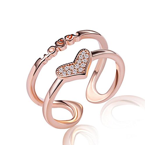 Canarea Damen Ringe 925er Sterling Silber mit Zirkonia Einfache Doppel Linien Herz-Form Schwanzring Rosegold Verstellbar Hypoallergen von Canarea