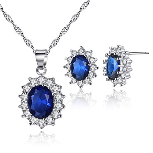 Canarea Damen Schmuckset Kreis Ohrringe halskette Silber 925 Zirkonia Glitzer Schmuck set,Süß Bling Kristall Hcozeit Schmucksets Kette Ohrstecker Idea für Frauen Mädchen (Blau) von Canarea