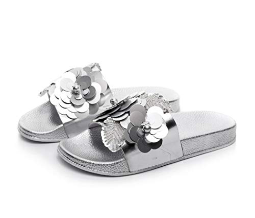 Canarea Damen hausschuhe Sommer Mode Glitzer Strass Sandalen Frauen Mädchen flip Flops Strand Flach Pailletten Bling Rutschfest Bequeme Slipper Casual Badeschuhe Pantoletten (Silber, numeric_38) von Canarea