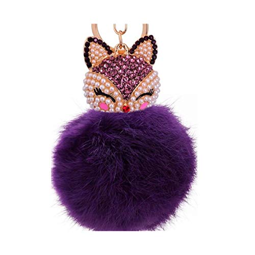 Canarea Keychain Elegant Plüsch-Kugel Schlüsselanhänger plüsch Ball Taschenanhänger Strass bommel Auto-Anhänger Pompom Weich Schlüsselring Süß Fox Kopf mit Strass Perles (Lila-21) von Canarea