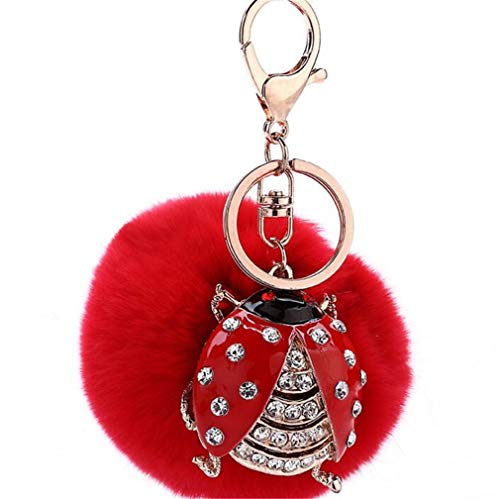 Canarea Keychain plüsch ball Schlüsselanhänger Pompom Taschenanhänger strass bommel Elegant Plüsch-Kugel Auto-Anhänger Weich Schlüsselring Käfer mit Strass (Rot) von Canarea