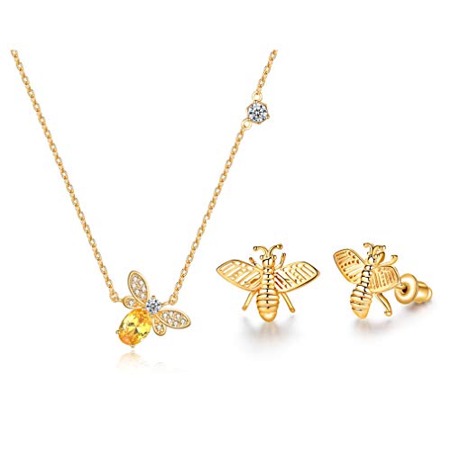 Canarea Kleine biene Schmuckset Silber 925 Damen Kette und Ohrringe Set mit Zirkonia Stein Mode Glitter Schmuck set Für Fraun & Mädchen von Canarea