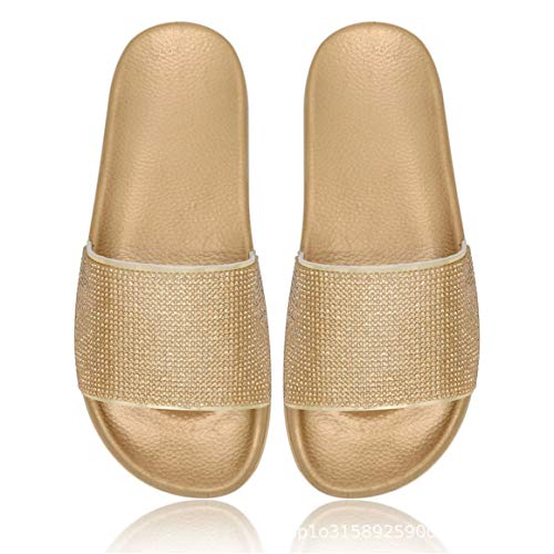 Canarea Pantoletten Damen Hausschuhe Sommer Mode Glitzer Strass flip Flops Rutschfest Bequeme Casual Bling Badeschuhe Strand Flach Slipper für Frauen Mädchen (Golden, 41, numeric_38) von Canarea