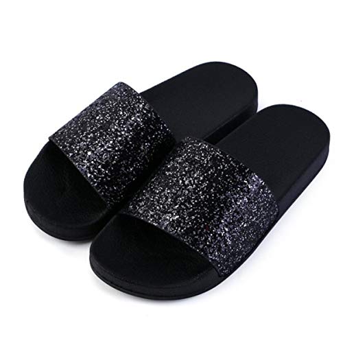 Canarea Pantoletten Damen Hausschuhe Sommer Mode Glitzer Strass flip Flops Rutschfest Bequeme Casual Bling Badeschuhe Strand Flach Slipper für Frauen Mädchen (Schwarz-1, 41, numeric_41) von Canarea