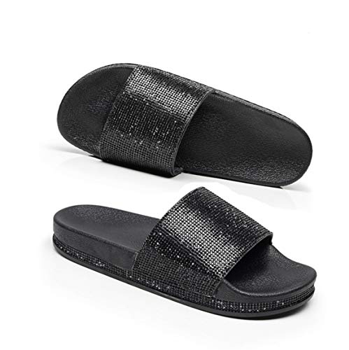 Canarea Pantoletten Damen Hausschuhe Sommer Mode Glitzer Strass flip Flops Rutschfest Bequeme Casual Bling Badeschuhe Strand Flach Slipper für Frauen Mädchen (Schwarz-3, 41, numeric_36) von Canarea