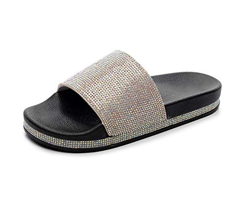 Canarea Pantoletten Damen Hausschuhe Sommer Mode Glitzer Strass flip Flops Rutschfest Bequeme Casual Bling Badeschuhe Strand Flach Slipper für Frauen Mädchen (Schwarz-A, 41, numeric_41) von Canarea