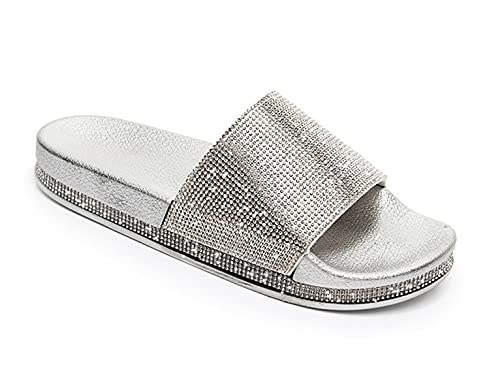 Canarea Pantoletten Damen Hausschuhe Sommer Mode Glitzer Strass flip Flops Rutschfest Bequeme Casual Bling Badeschuhe Strand Flach Slipper für Frauen Mädchen (Silber-3, 41, numeric_39) von Canarea
