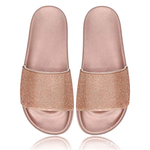 Canarea Pantoletten Damen Hausschuhe Sommer Mode Glitzer Strass flip Flops Rutschfest Bequeme Casual Bling Badeschuhe Strand Flach Slipper für Frauen Mädchen (rosegolden, 41, numeric_38) von Canarea