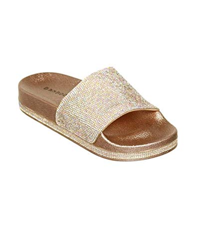 Canarea Pantoletten Damen Hausschuhe Sommer Mode Glitzer Strass flip Flops Rutschfest Bequeme Casual Bling Badeschuhe Strand Flach Slipper für Frauen Mädchen (rosegolden-3, 41, numeric_41) von Canarea