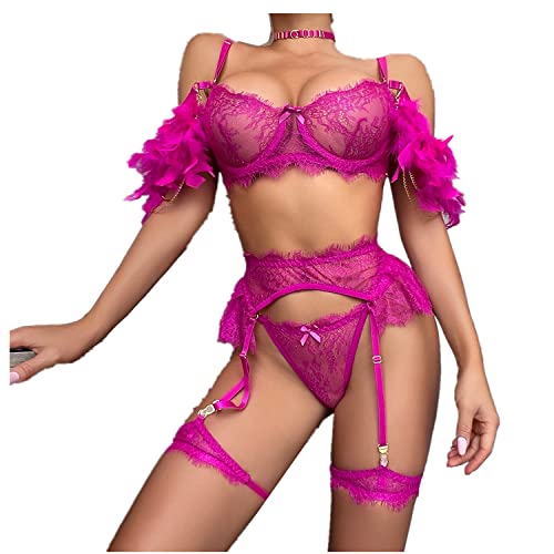 Canarea Reizwäsche Sex Erotik Damen Bikini-set Spitze Feder Transparent mit G-String Sexy Push up Ouvert Einteilig mit Strumpfbänder Dessous-set lingerie, (Rosa, S) von Canarea