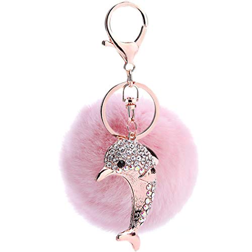 Canarea Schlüsselanhänger Plüsch Ball Pompom Delfin Strass Weich bommel Keychain ,Plüsch-Kugel Auto-Anhänger Schlüsselring Dekor Tasche-Handtaschenanhänger (Pink) von Canarea