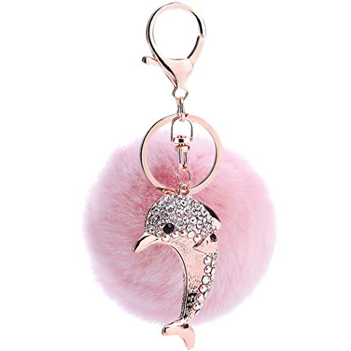 Canarea Schlüsselanhänger Plüsch Ball Pompom Taschenanhänger Süß Delfin Strass Weich bommel Keychain,Elegant Plüsch-Kugel Auto-Anhänger Glitzer Schlüsselring Handtaschenanhänger (Pink) von Canarea