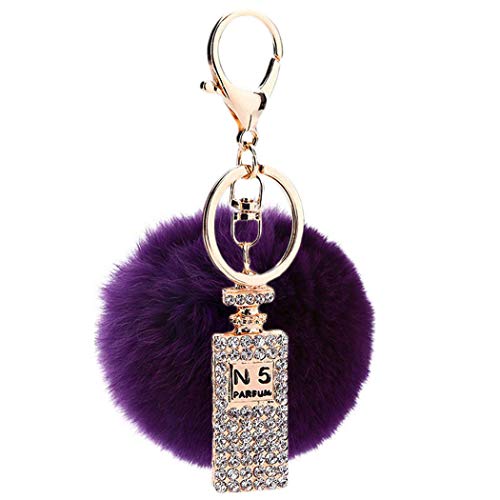 Canarea Schlüsselanhänger plüsch ball Taschenanhänger strass bommel Keychain,Elegant Plüsch-Kugel Auto-Anhänger Pompom mit Strass Parfümflasche Glitzer Weich Schlüsselring (Lila) von Canarea